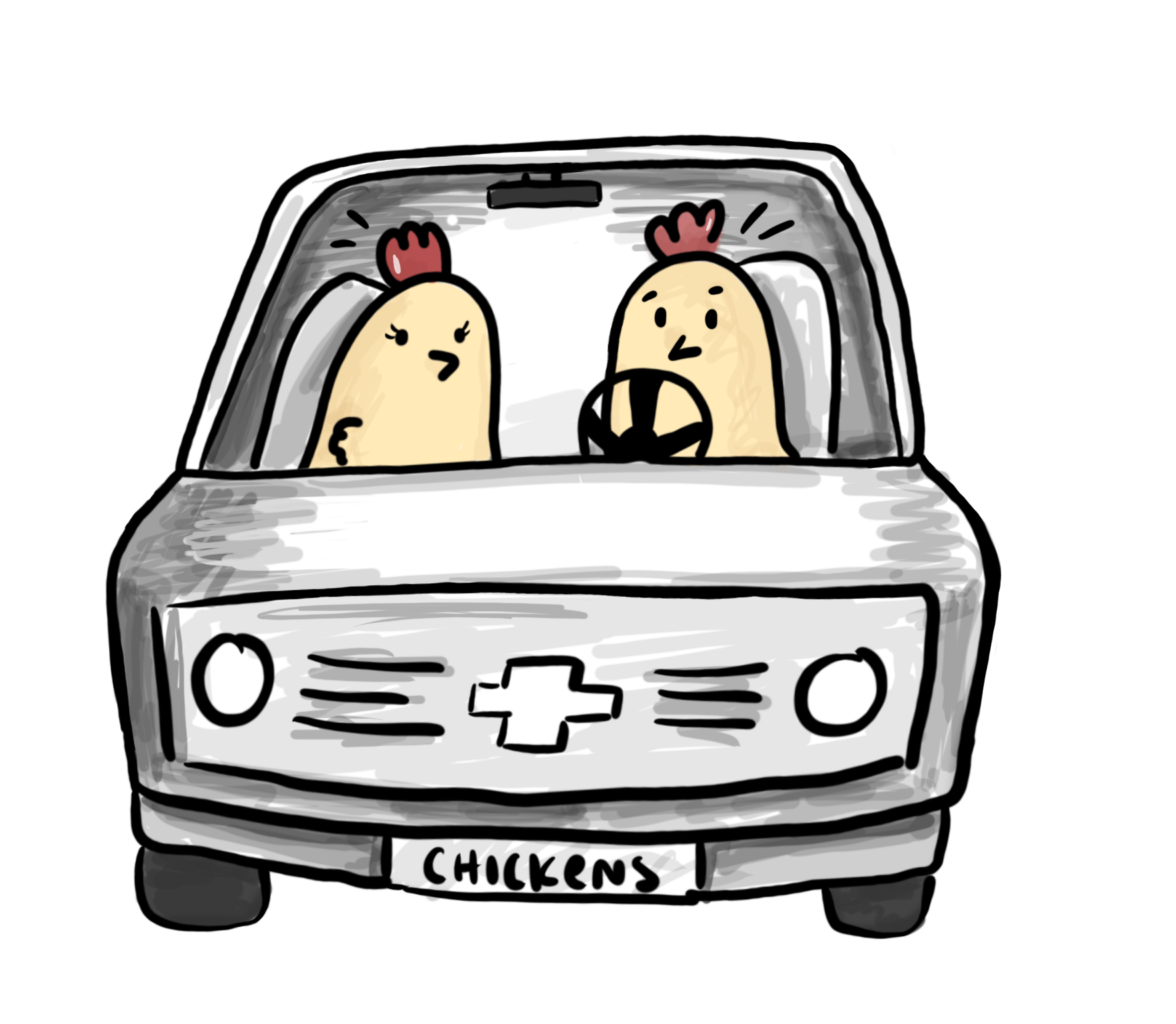 two chickens in a chevy